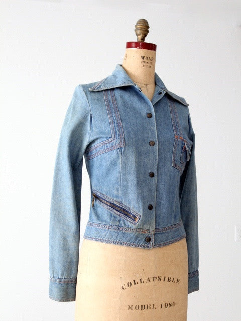 Vintage 70s DENIM Jacket Hood Jean Women Blue Hooded Zip Coat