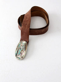 vintage 70s leather belt with abalone shell buckle