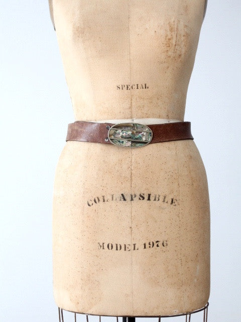 vintage 70s leather belt with abalone shell buckle
