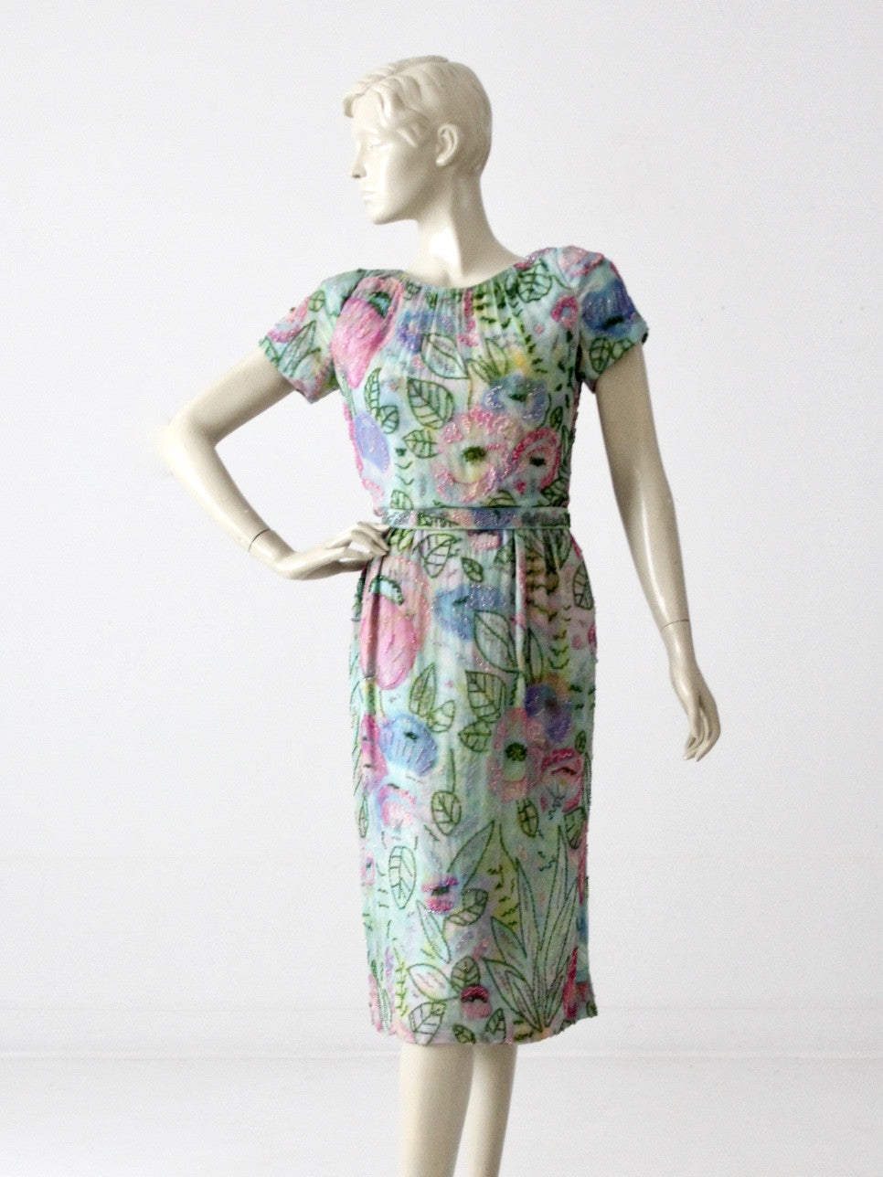 vintage 60s beaded chiffon dress with watercolor print