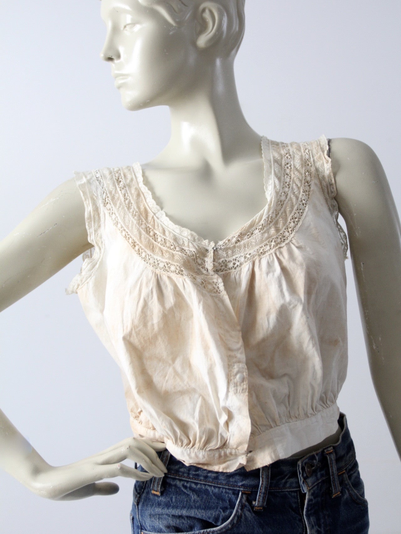 トップス 1900s Double Side Button Corset Cover Victorian Edwardian Corset Cover, Antique 1900s Whitework