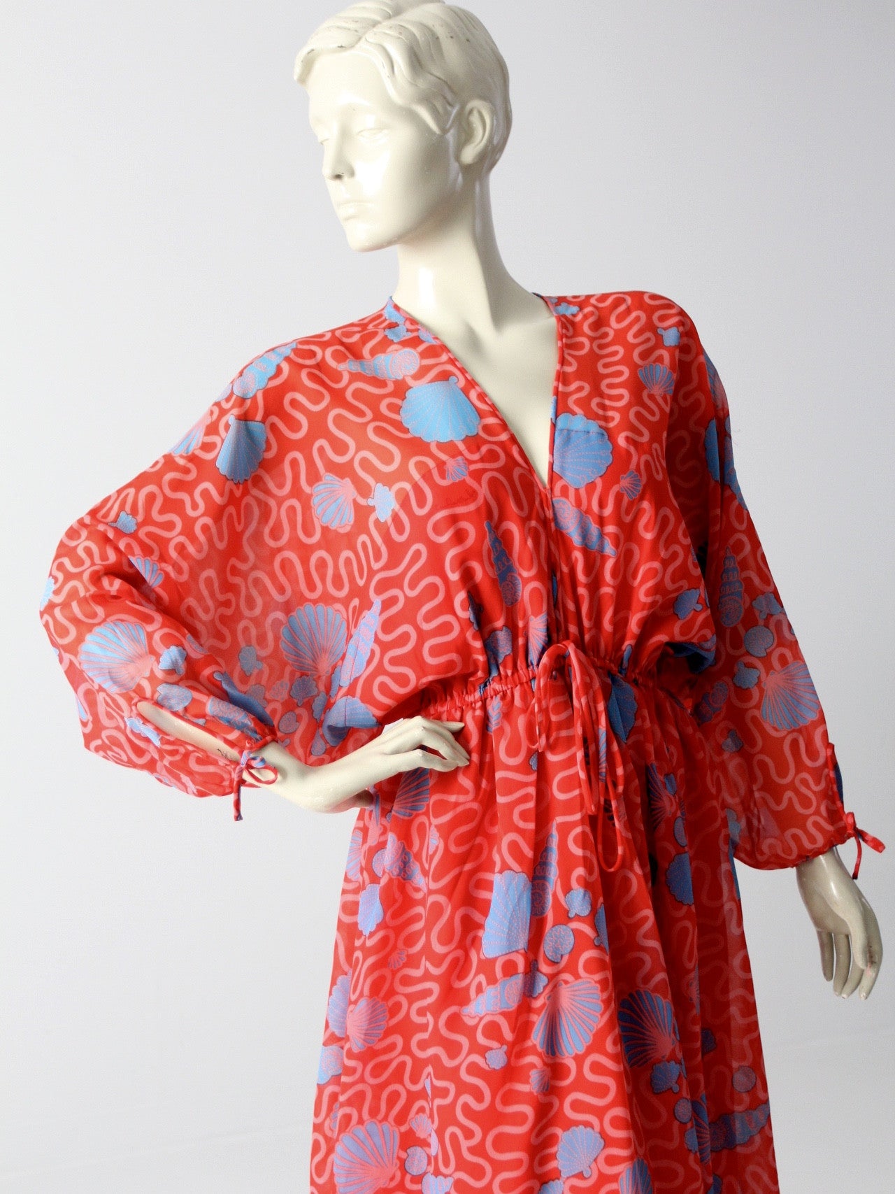 Ensemble Vintage Années 70 Zandra Rhodes - Imprimé Coquille & Gribouillis Rouge - Taille S