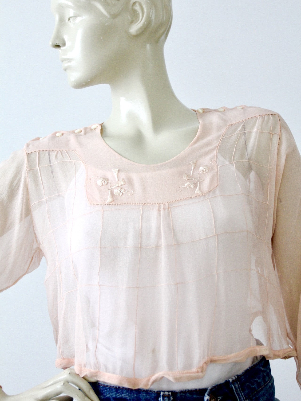 antique Edwardian pink silk blouse embroidery detail