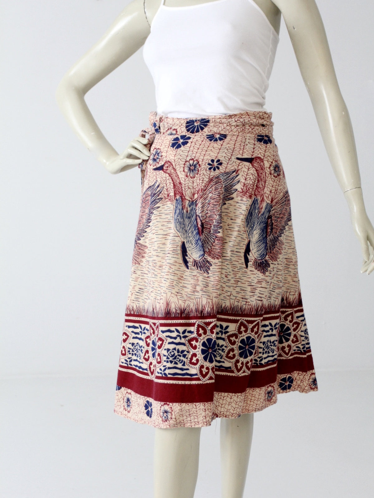 vintage 70s boho wrap skirt with bird print