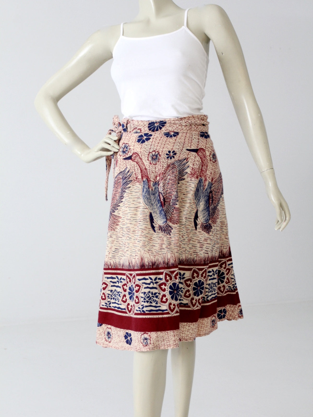 vintage 70s boho wrap skirt with bird print