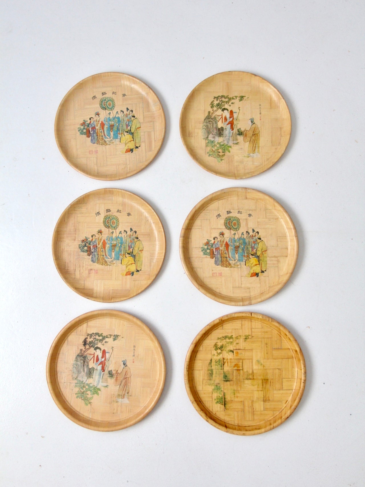 vintage Chinese bamboo plate set of 6
