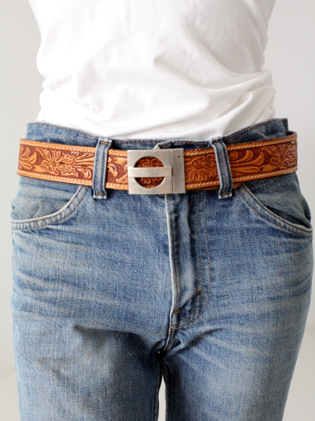 vintage 70s tooled leather belt 86 Vintage