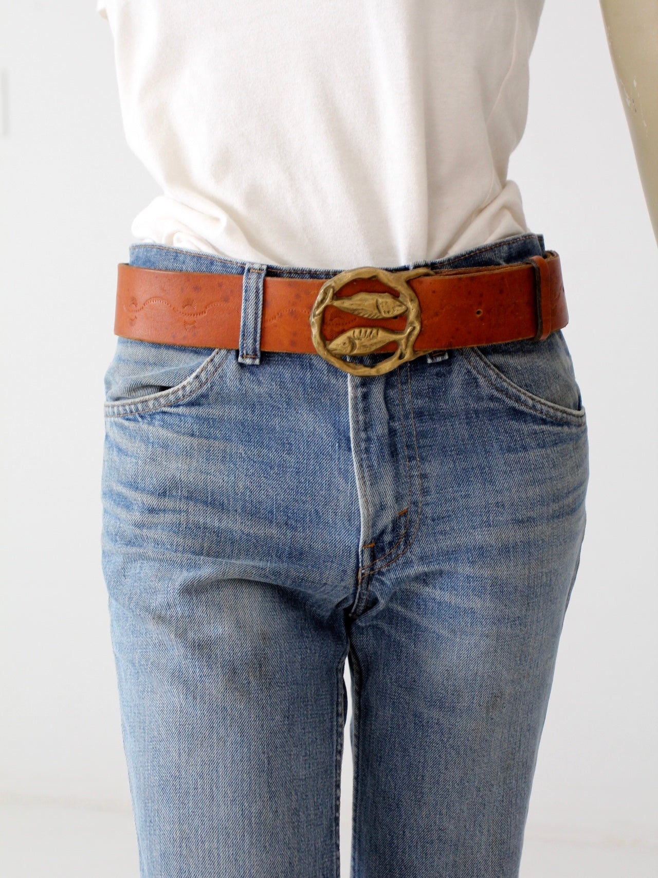 vintage 70s tooled leather belt with zodiac buckle