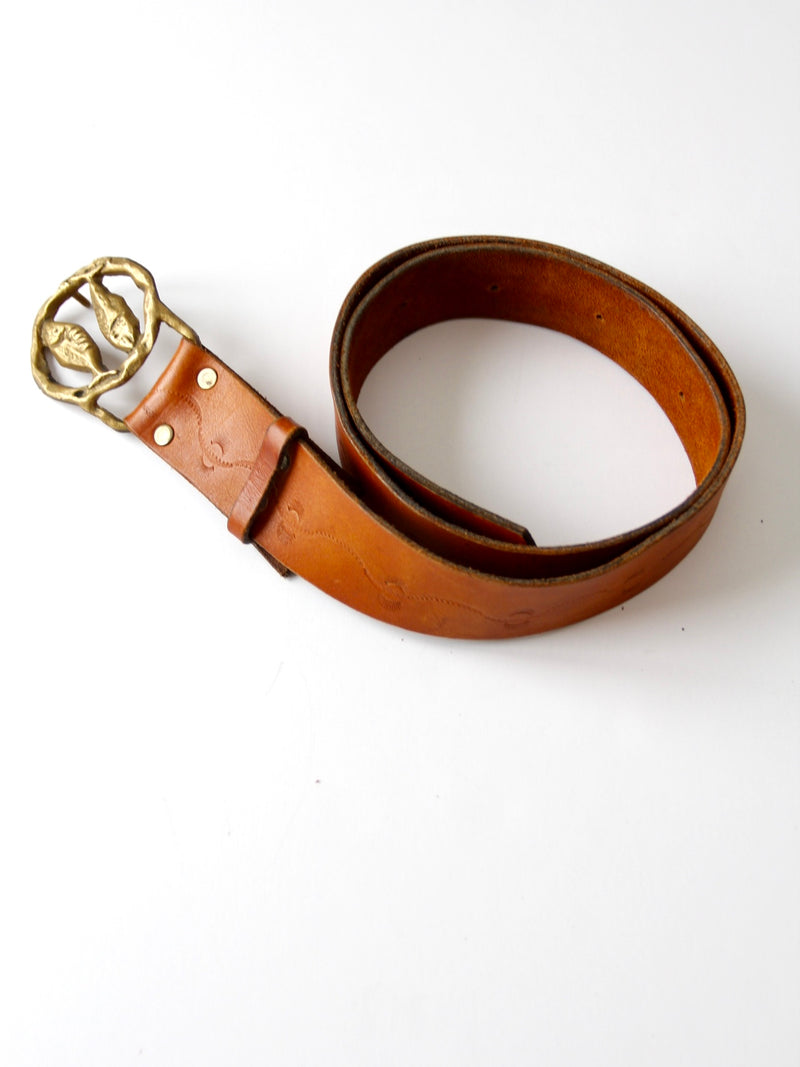 vintage 70s tooled leather belt with zodiac buckle