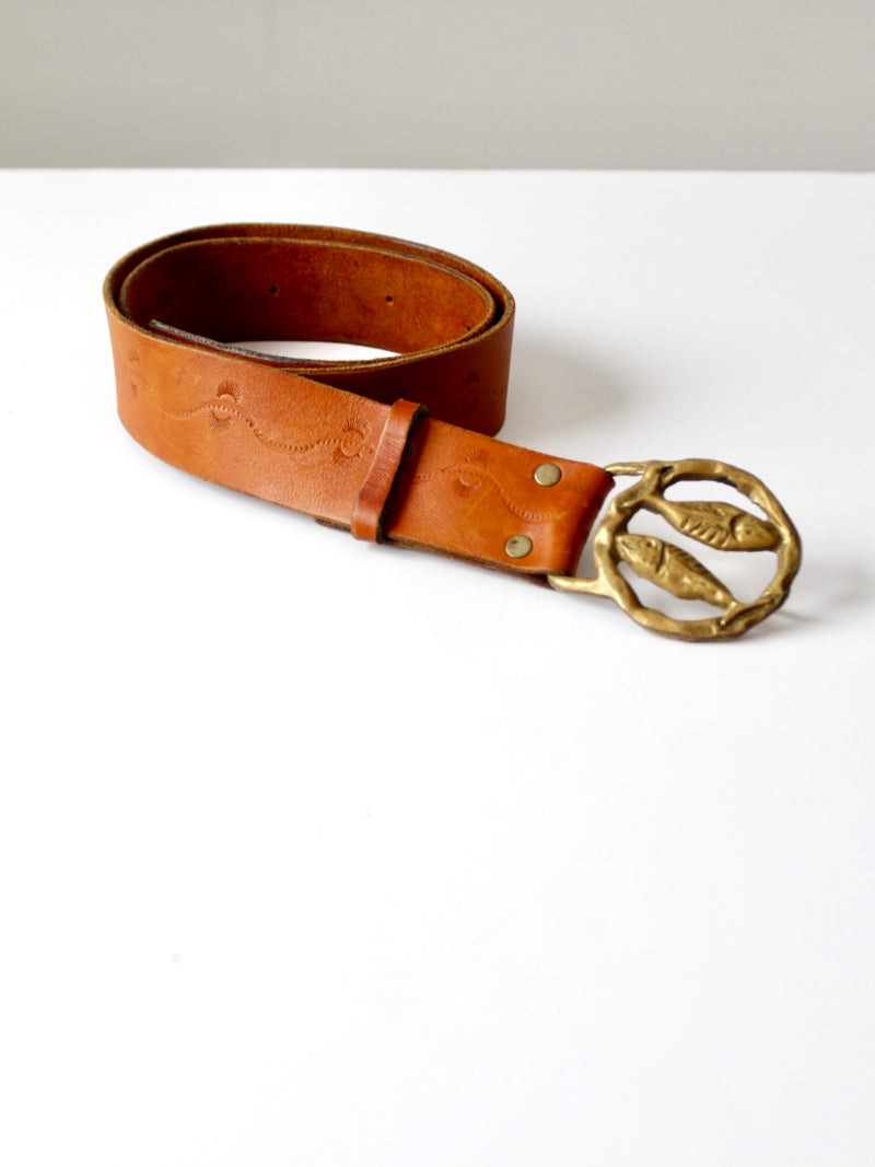 vintage 70s tooled leather belt with zodiac buckle