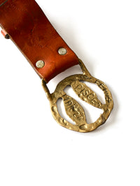 vintage 70s tooled leather belt with zodiac buckle