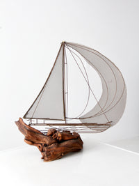 vintage brass and driftwood boat sculpture