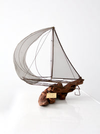 vintage brass and driftwood boat sculpture