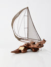 vintage brass and driftwood boat sculpture