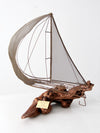 vintage brass and driftwood boat sculpture