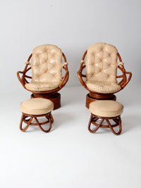 mid-century rattan swivel chairs with ottomans