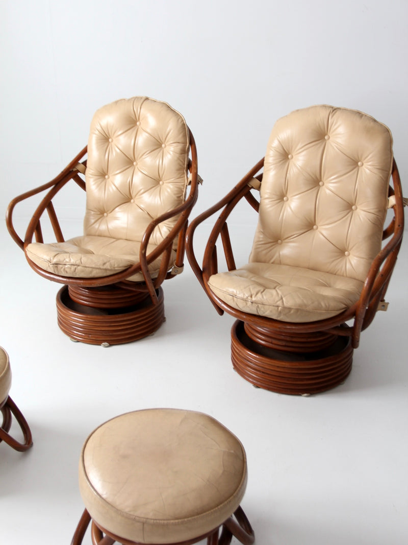 mid-century rattan lounge chairs with ottomans