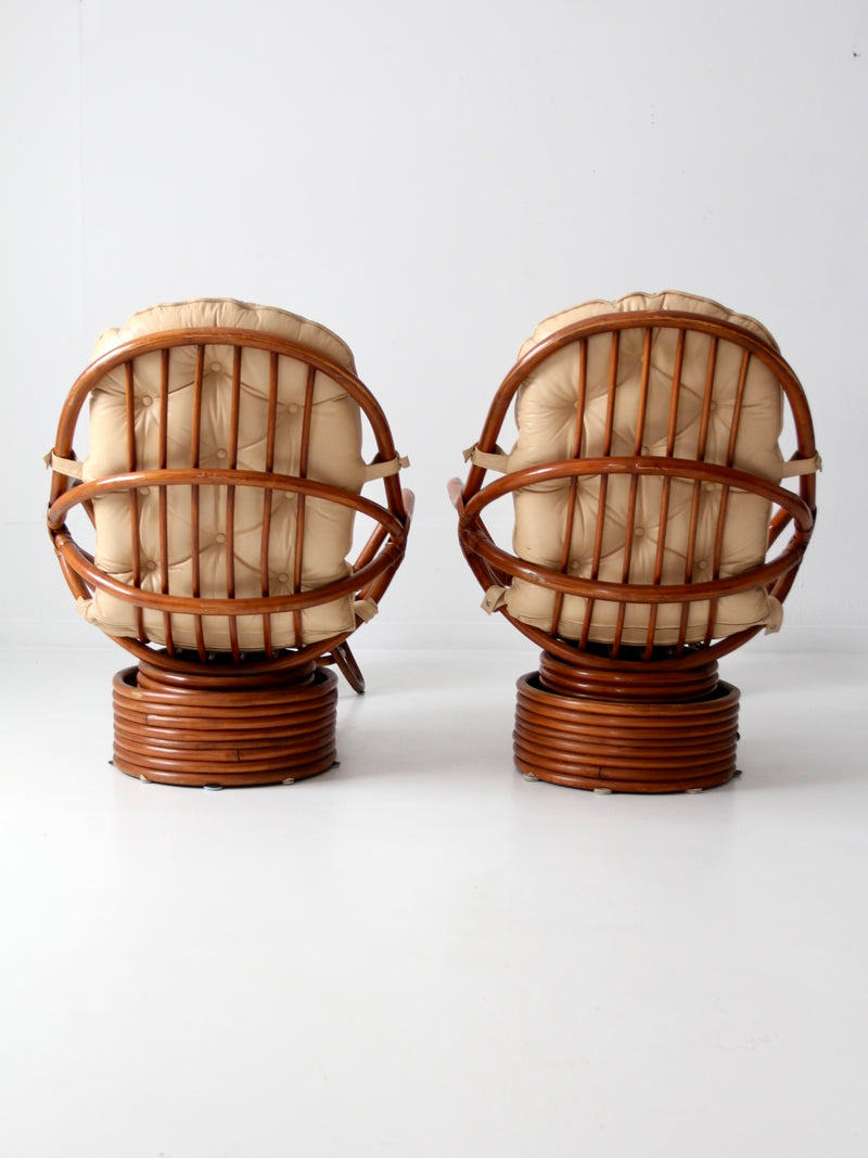 mid-century rattan swivel chairs with ottomans