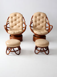 mid-century rattan swivel chairs with ottomans