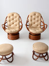 mid-century rattan swivel chairs with ottomans