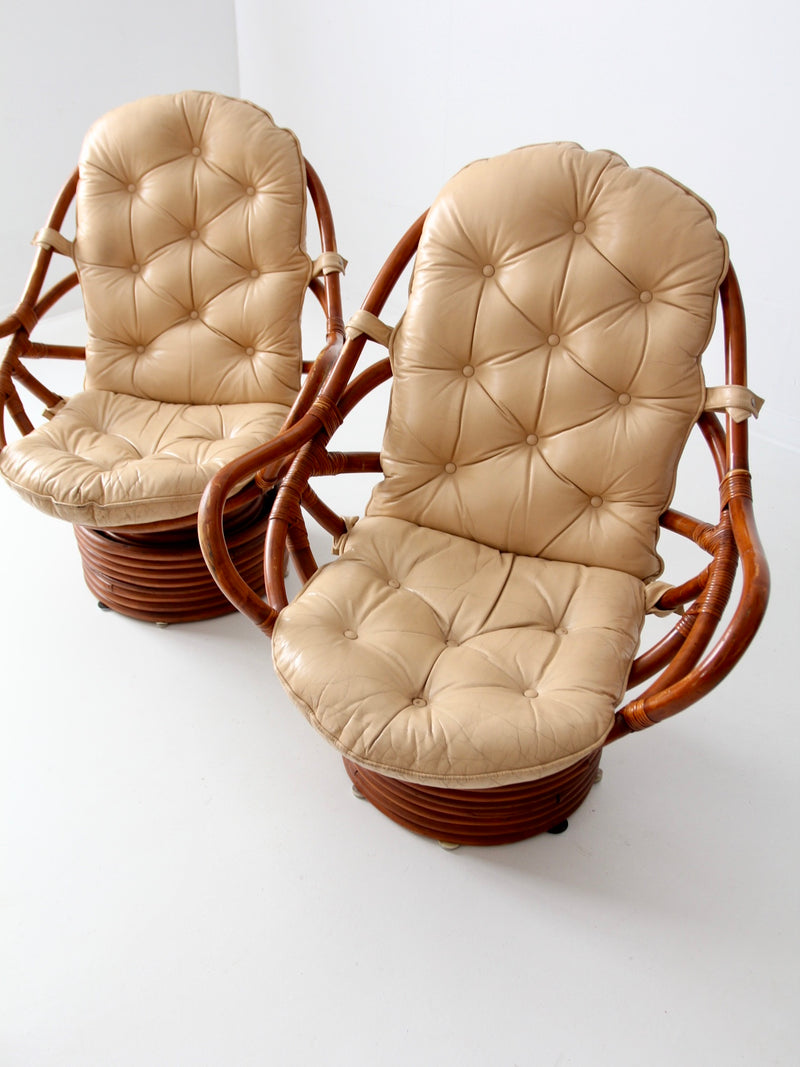 mid-century rattan swivel chairs with ottomans