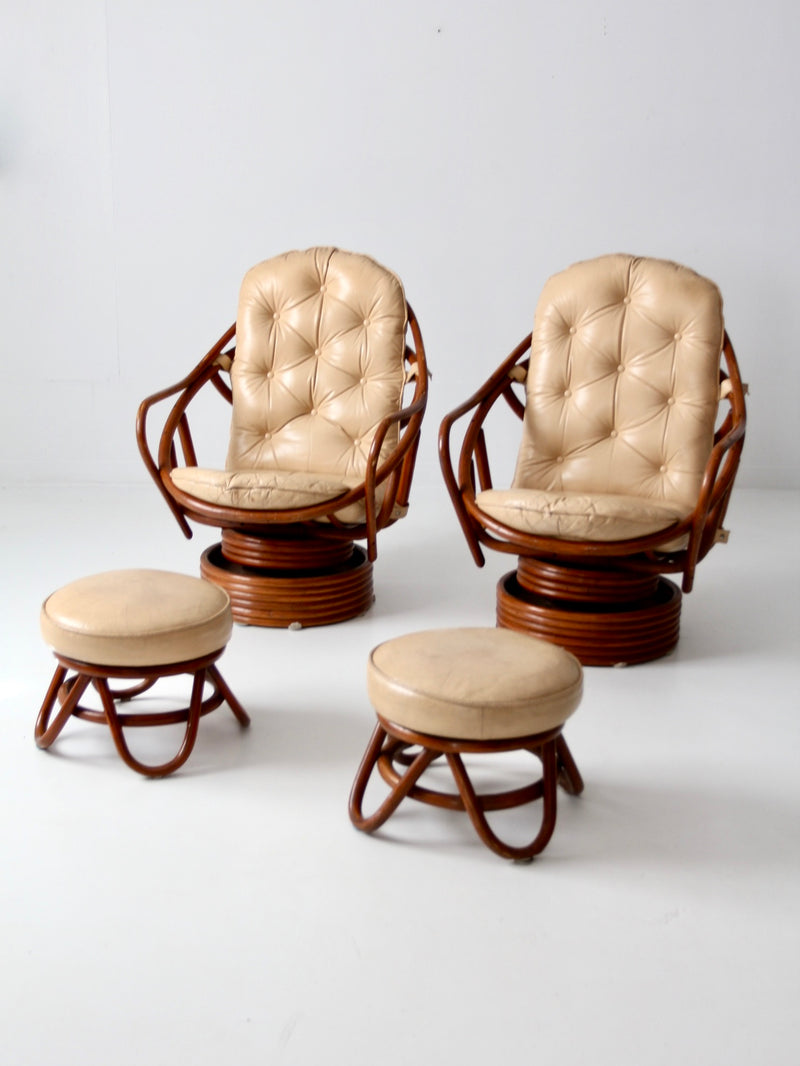 mid-century rattan lounge chairs with ottomans