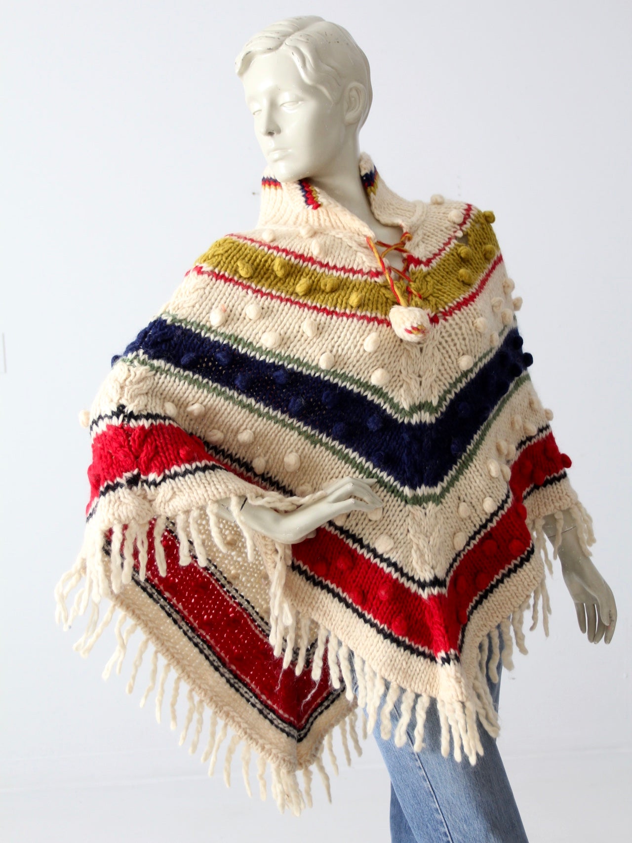 vintage 70s pom knit poncho