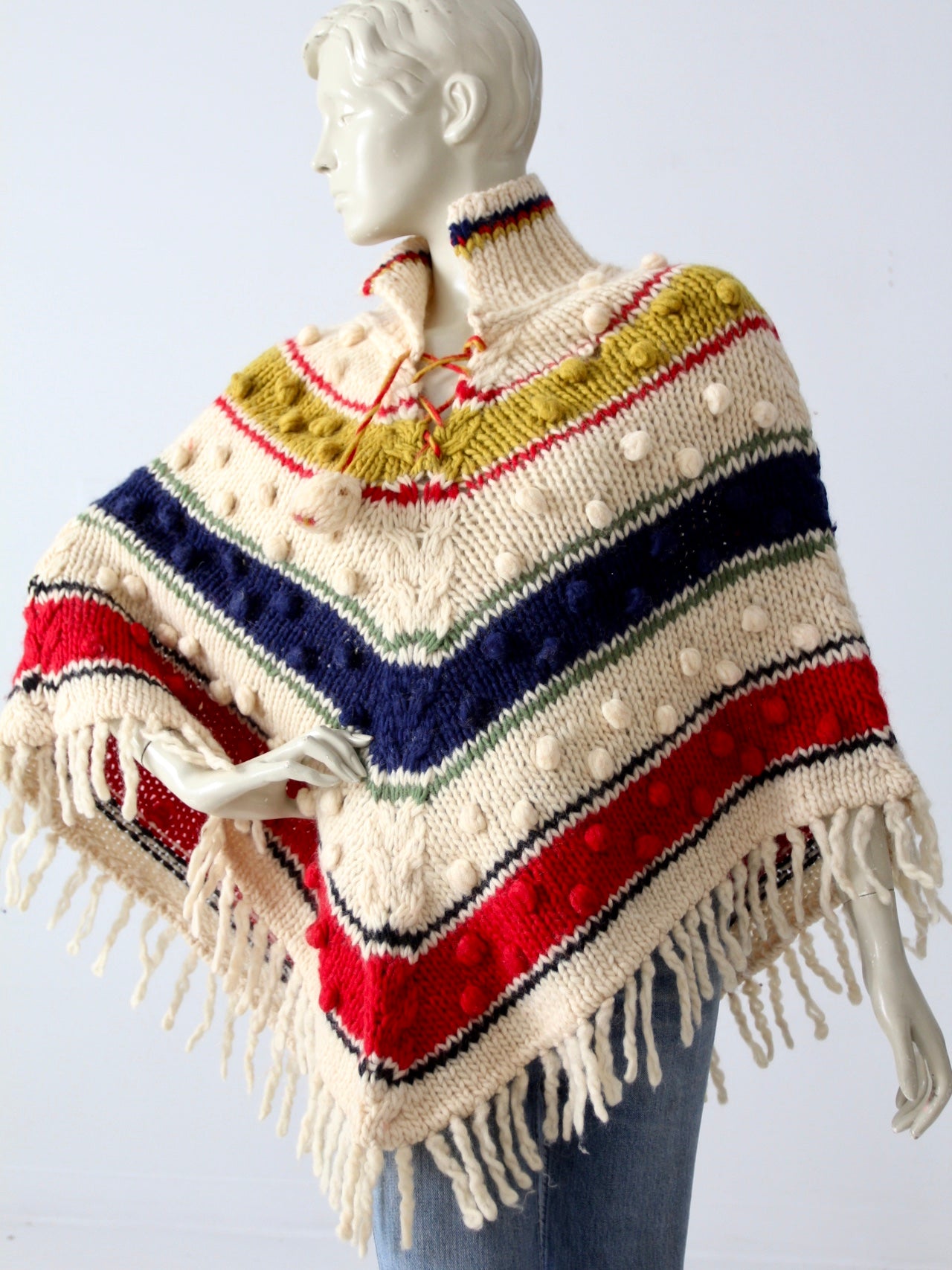 vintage 70s pom knit poncho