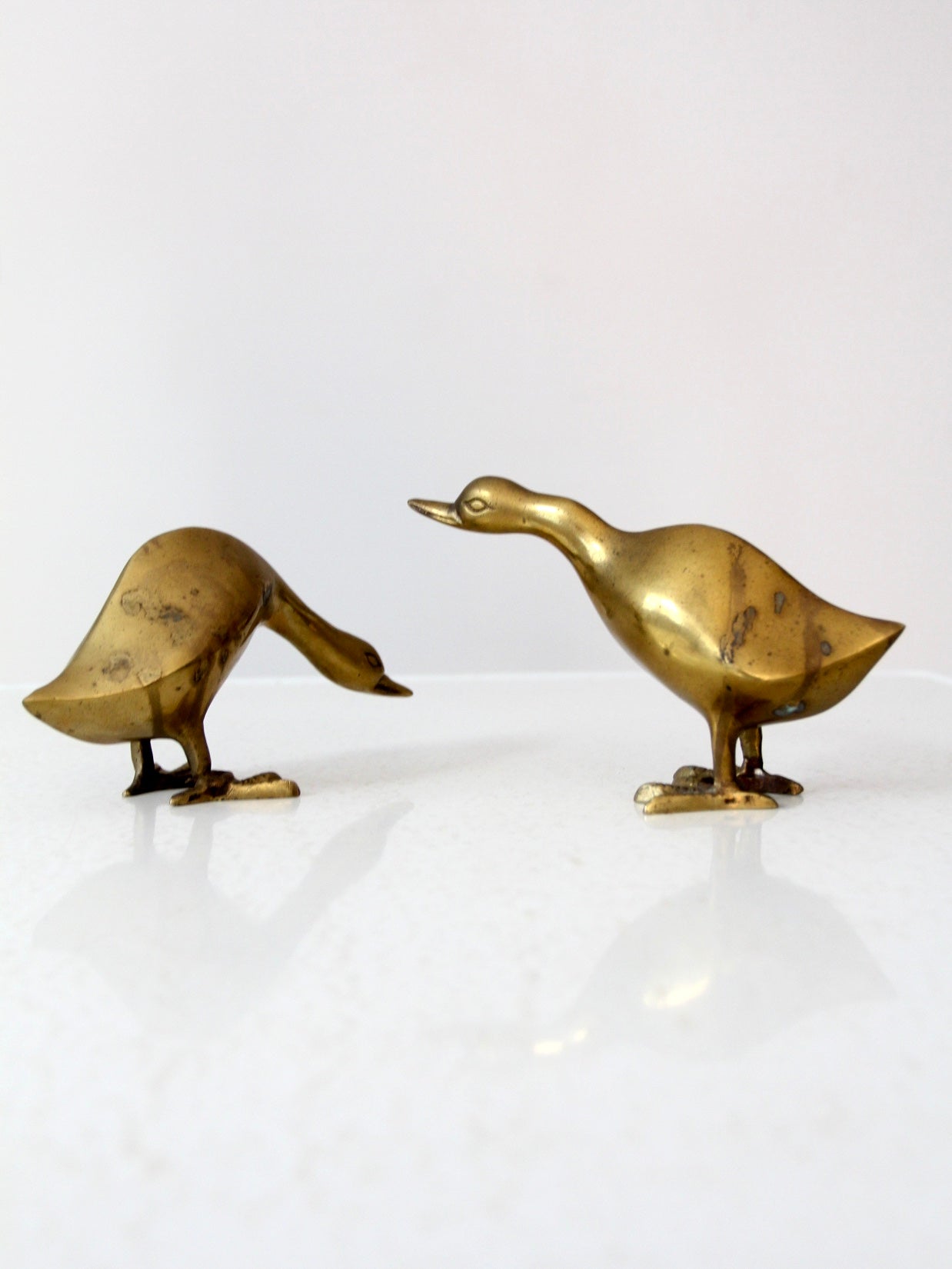 Vintage 2 Solid Brass Geese Pair Duck Figurines MCM Brass Goose