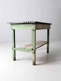 antique table with galvanized top