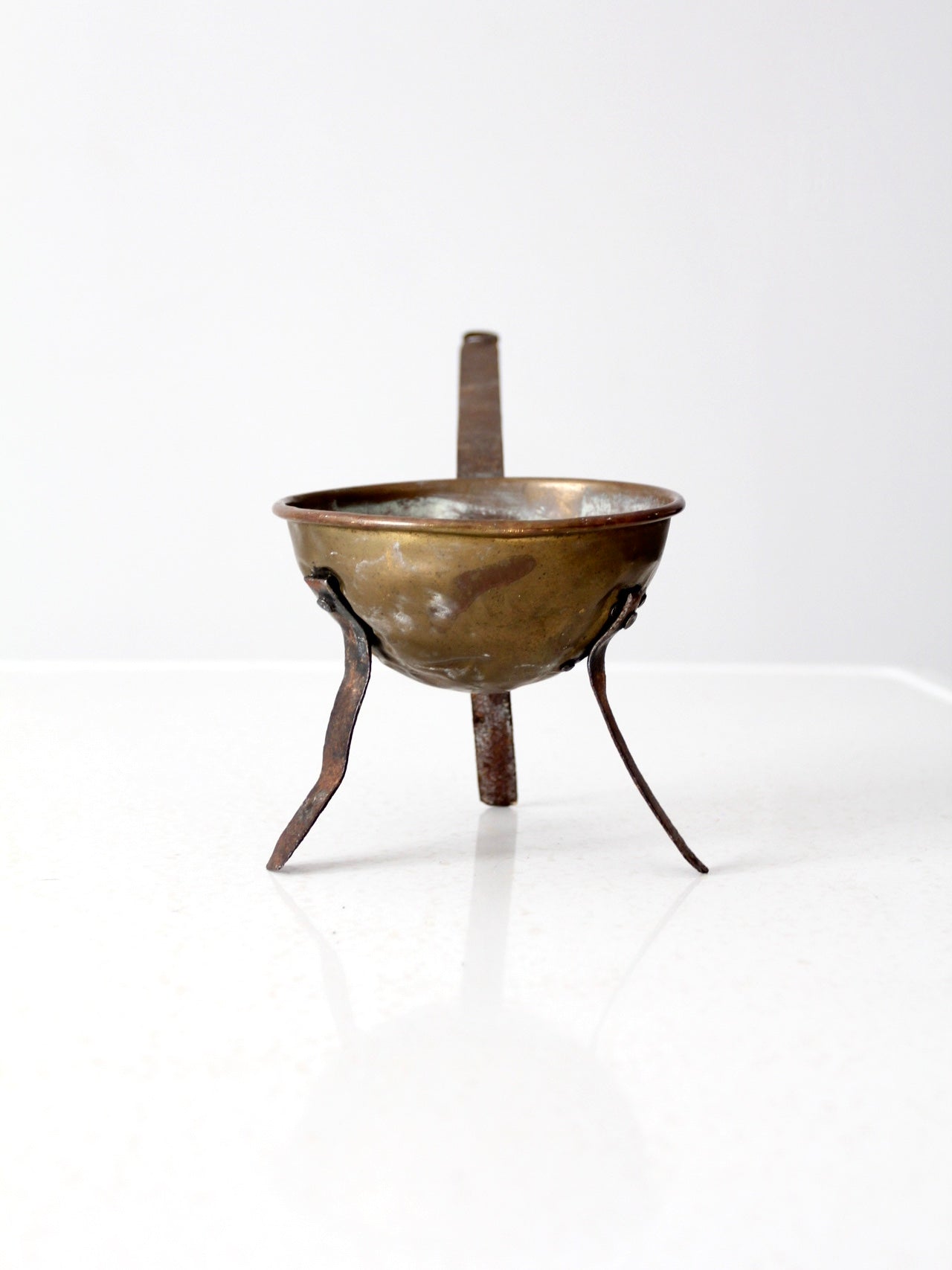 antique footed copper bowl with iron handle