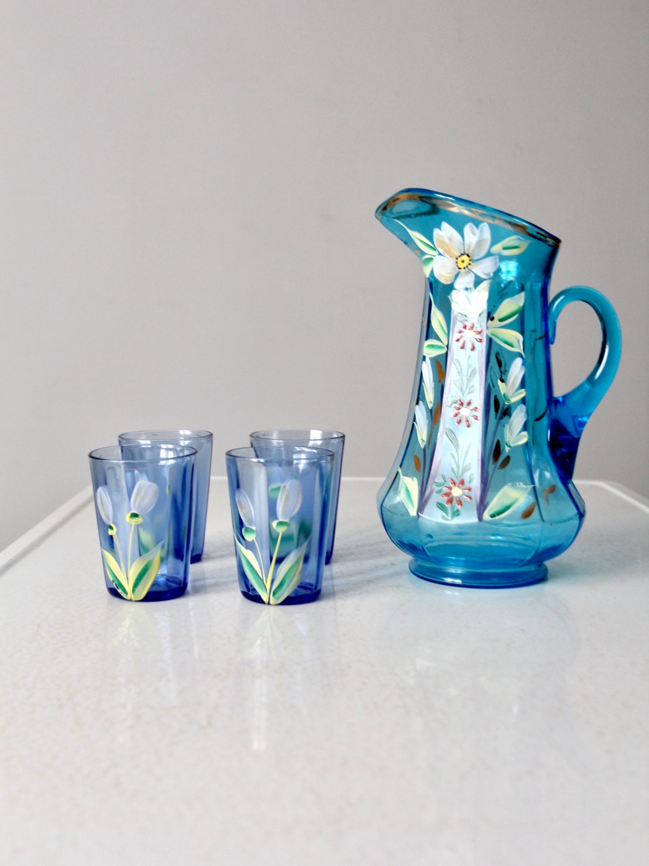 Hand Painted Lemon & Blueberry One Gallon Glass Pitcher Set With