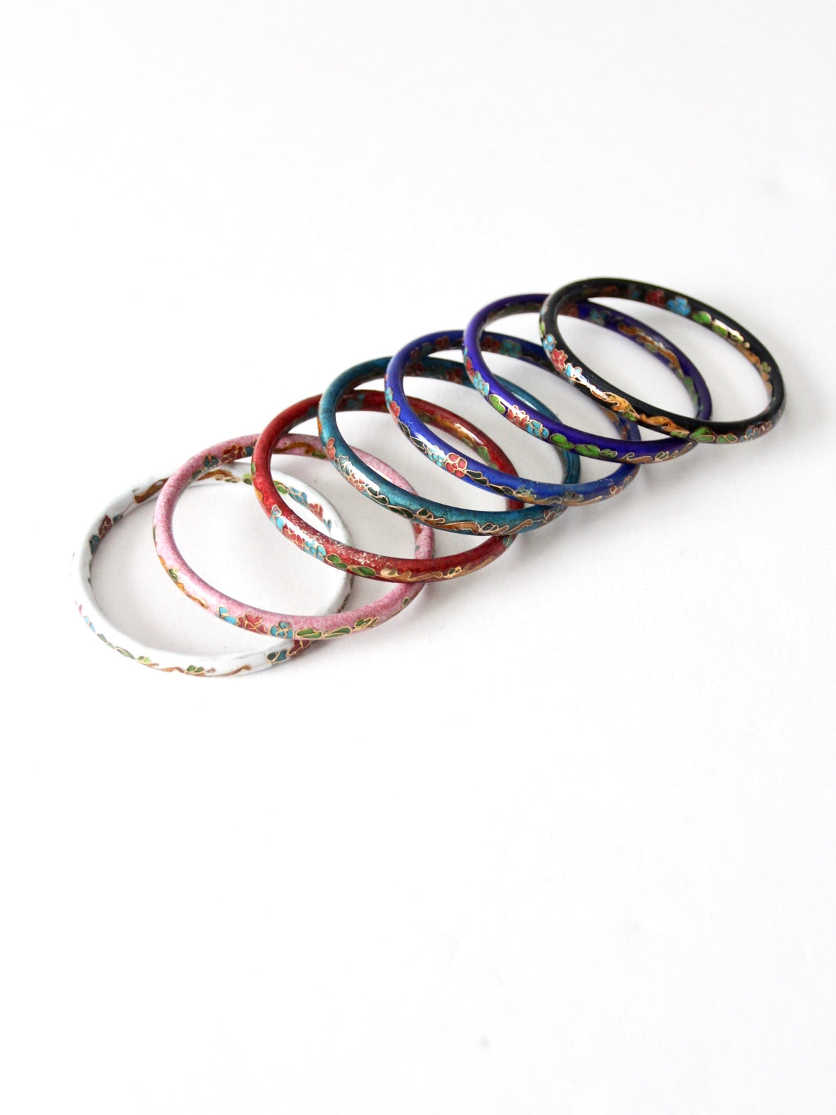 Colorful Cloisonné Enamel Bangle Set - Multicolor Set of 3 Blue Brass Enamel Cloisonné Bracelets - Vintage  main image 2