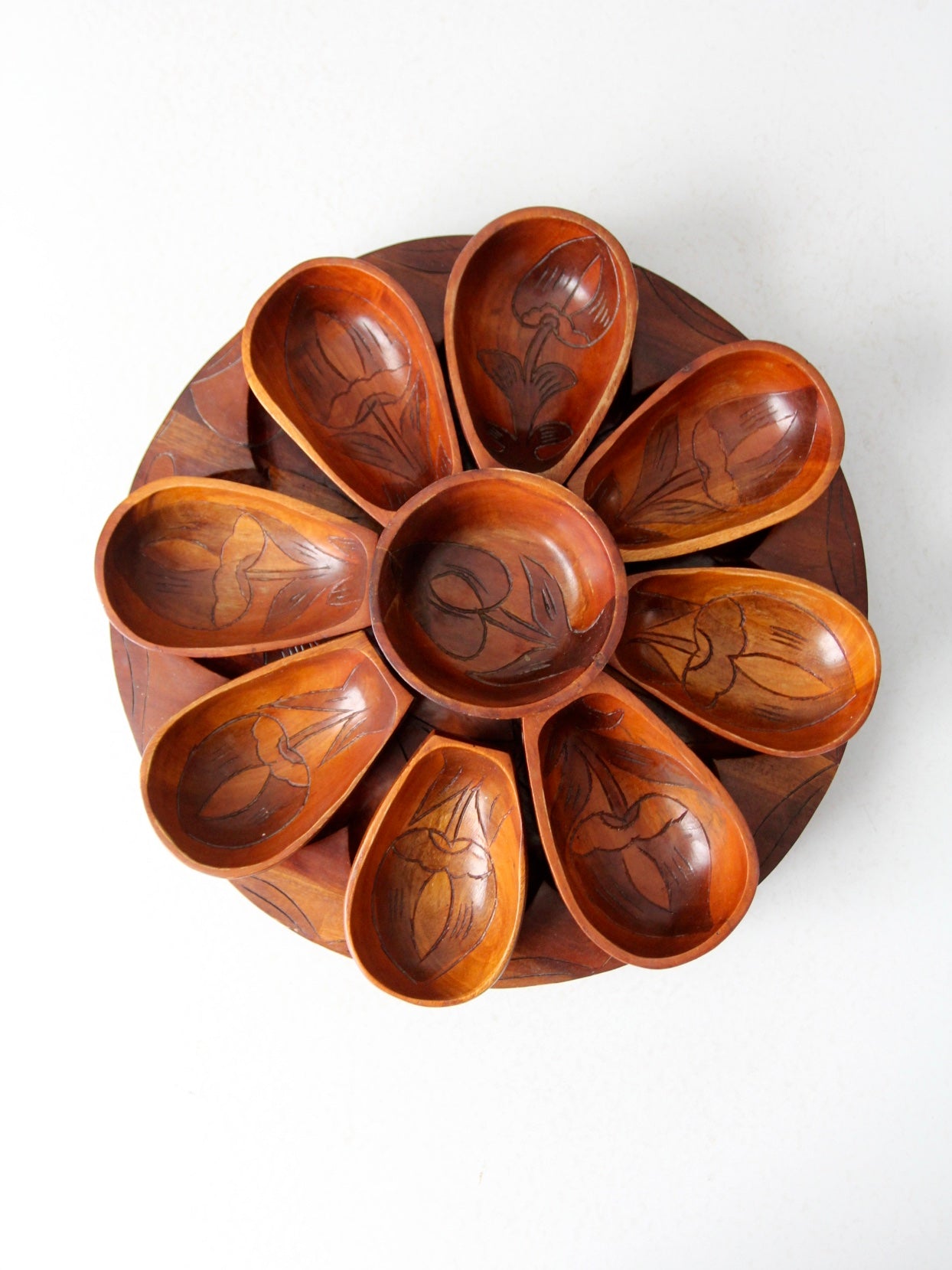 vintage hand-carved wooden serving tray set