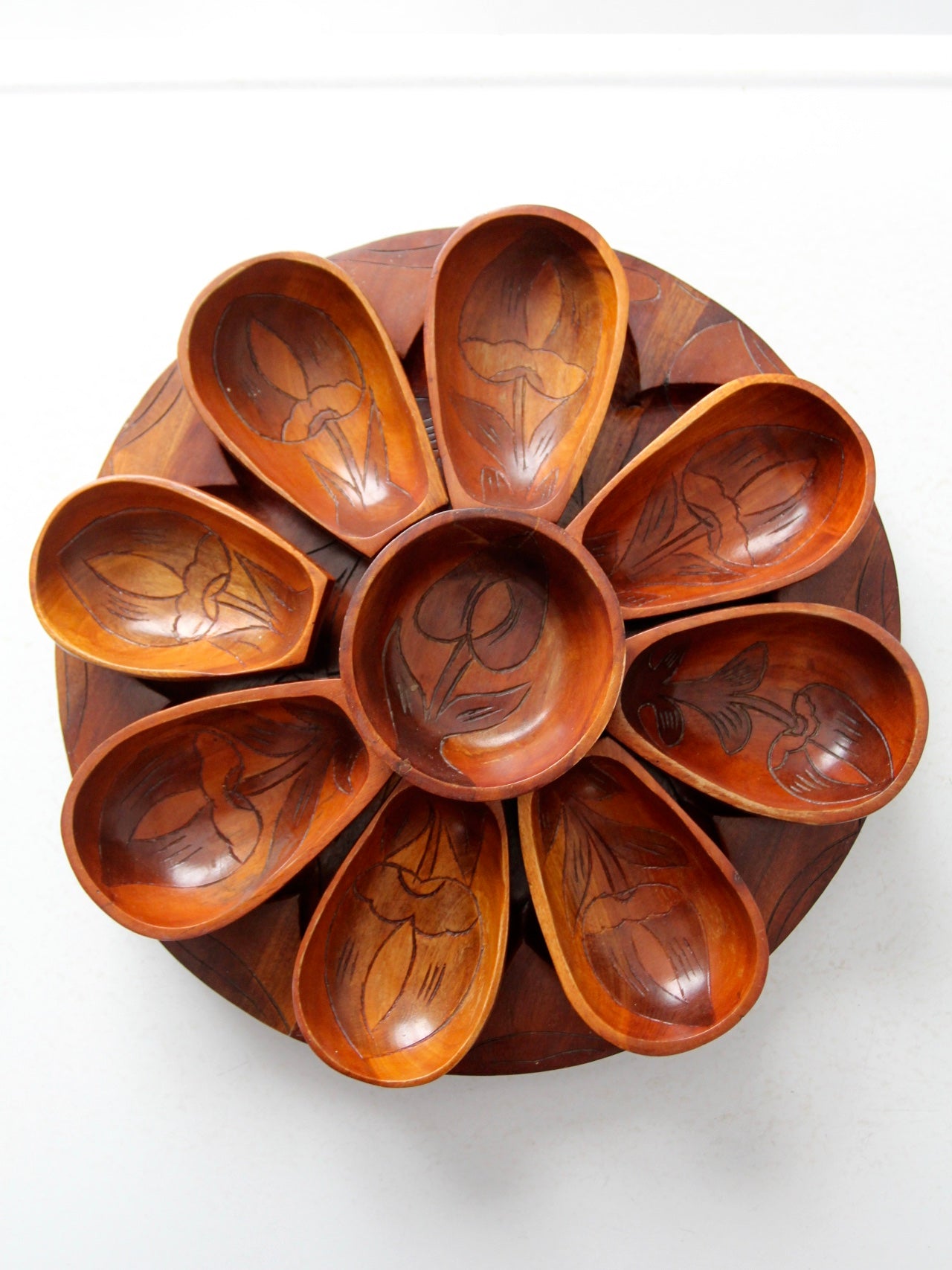 vintage hand-carved wooden serving tray set