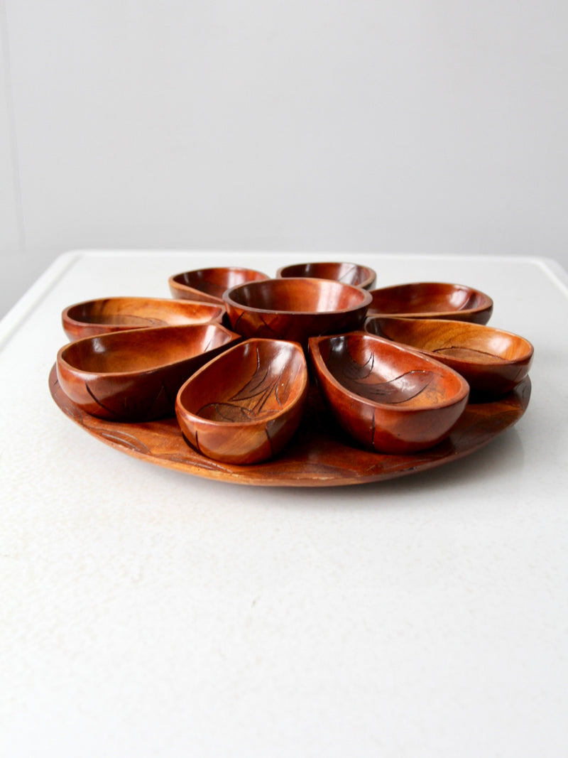vintage hand-carved wooden serving tray set