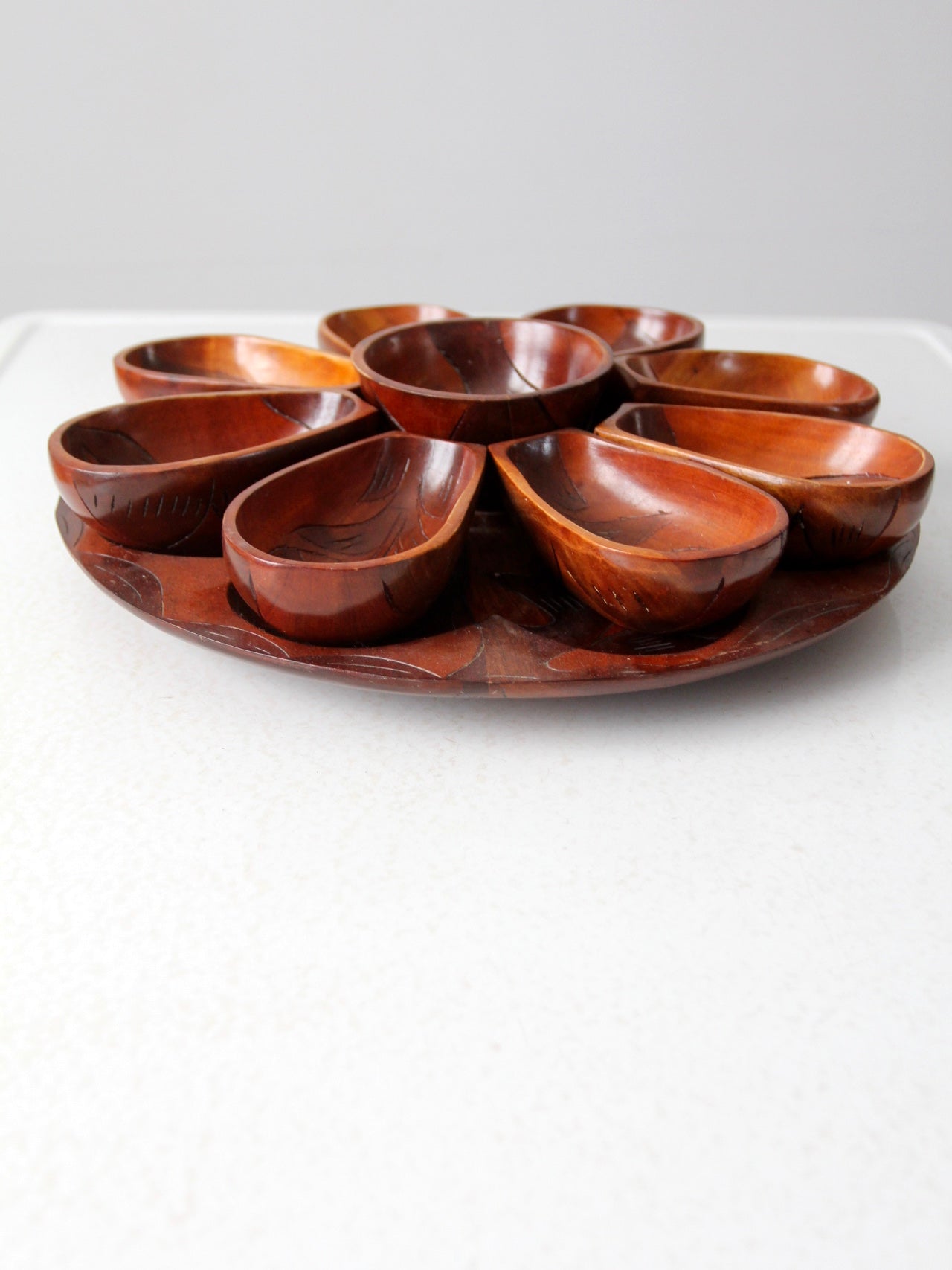vintage hand-carved wooden serving tray set