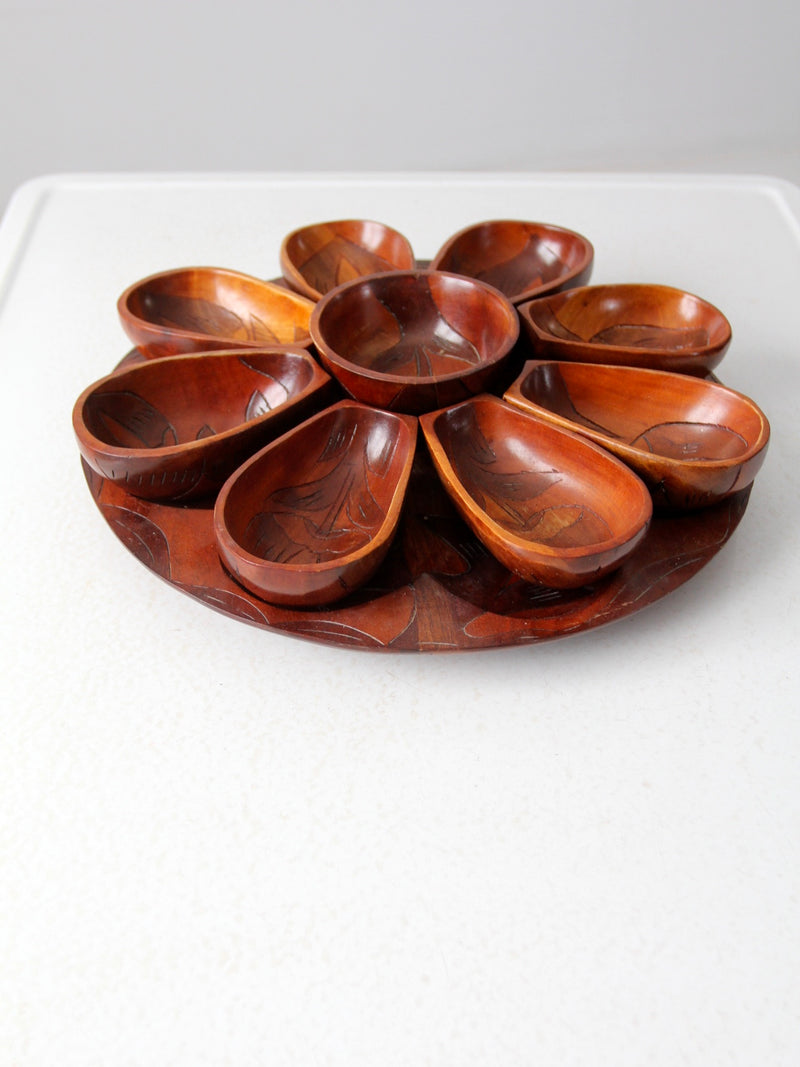 vintage hand-carved wooden serving tray set