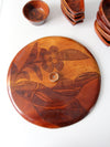 vintage hand-carved wooden serving tray set