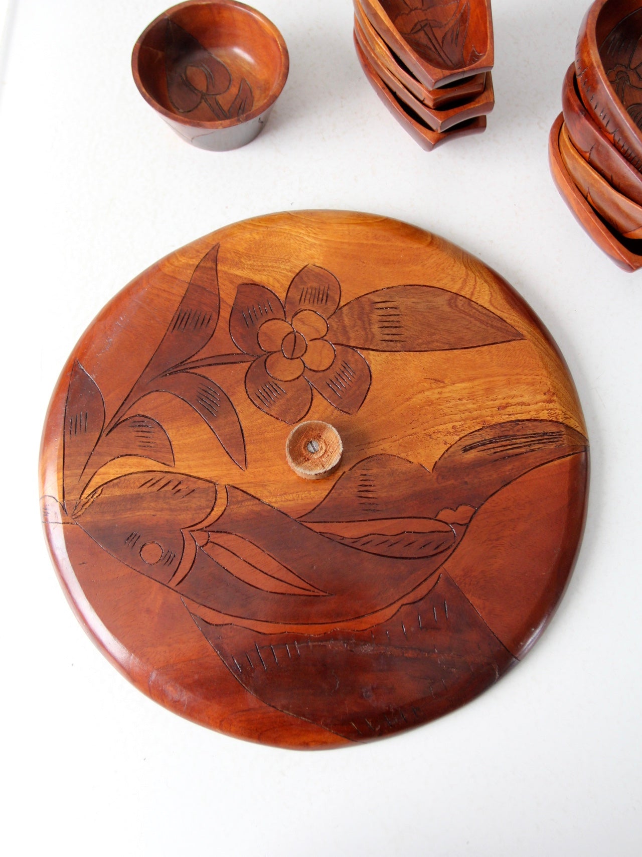vintage hand-carved wooden serving tray set